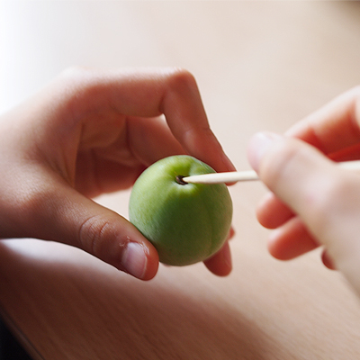 竹串を使って青梅のヘタを取ります。