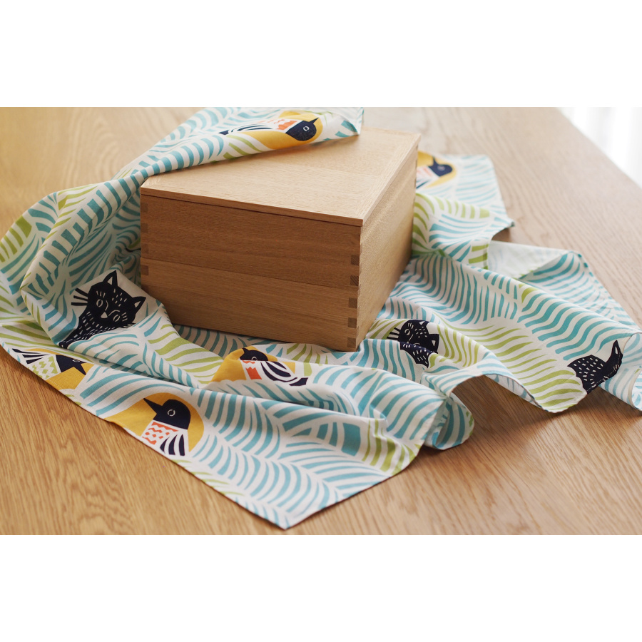 【取扱終了1216】むす美 風呂敷 こはれ 70cm ねこととり グリーン　※