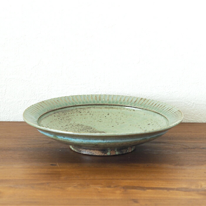 市野耕　灰釉　7寸縞深皿