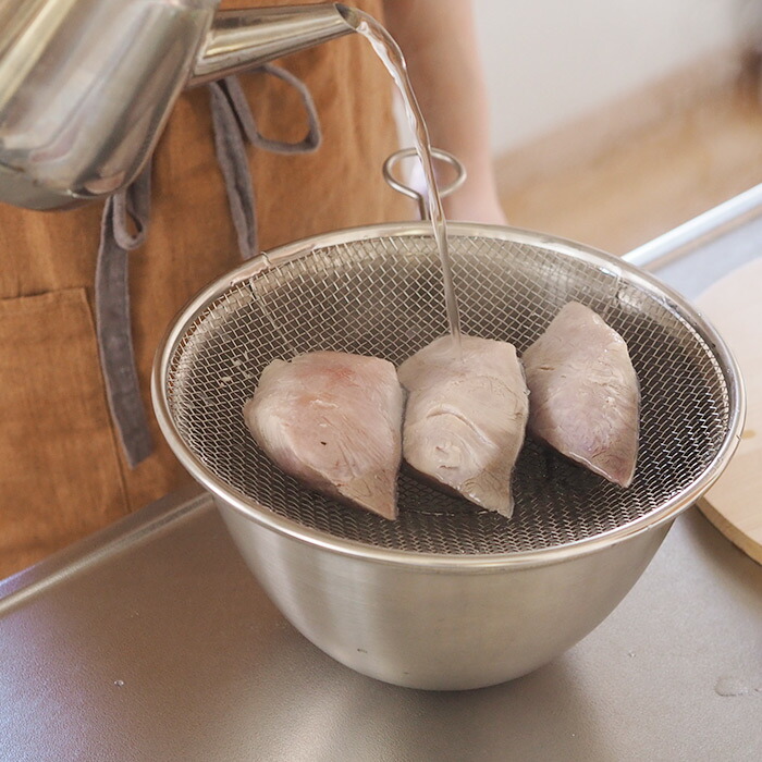 取手リング付きステンレス盆ざる　24cm