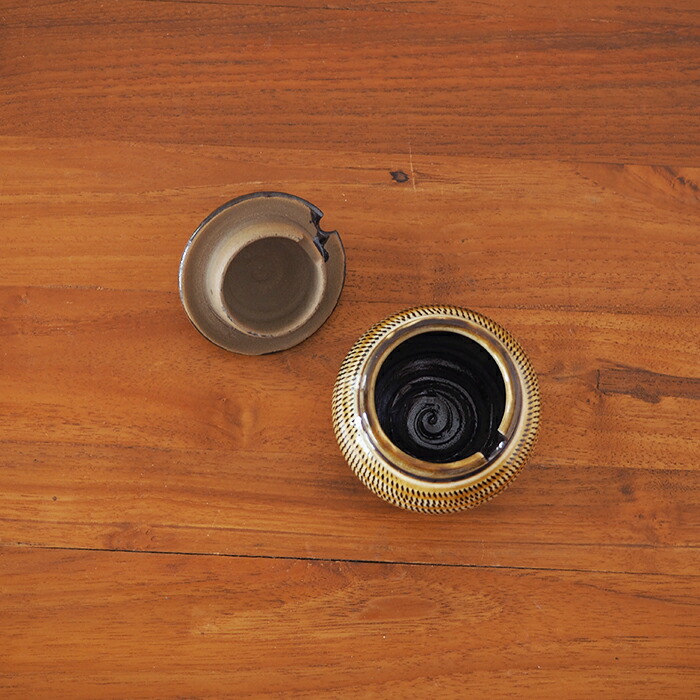 小鹿田焼　小袋窯　1合薬味壺　飴釉飛びかんな