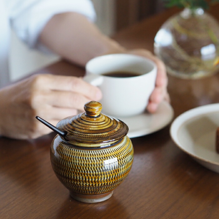 小鹿田焼　小袋窯　1合薬味壺　飴釉飛びかんな