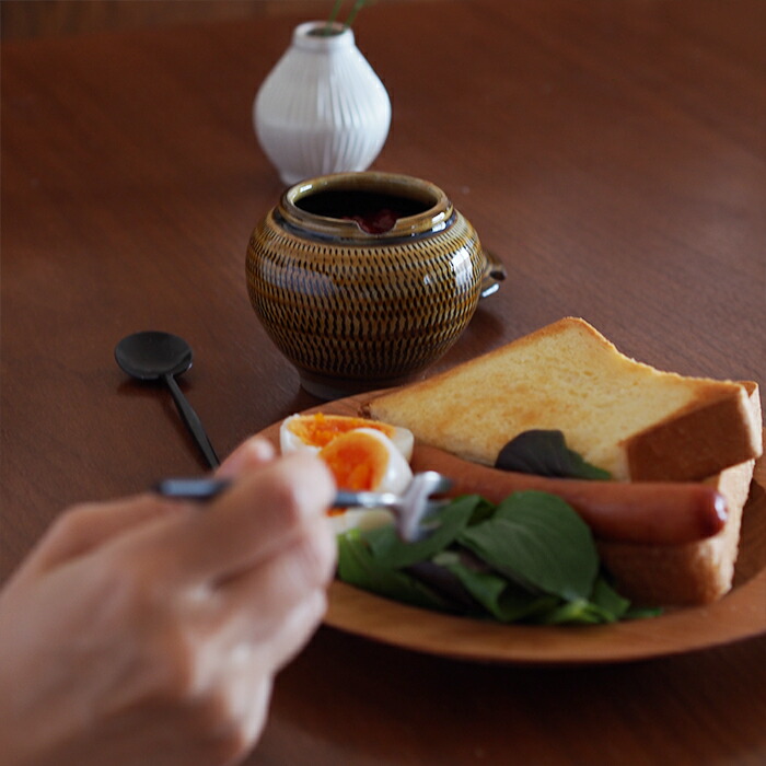 小鹿田焼　小袋窯　1合薬味壺　飴釉飛びかんな