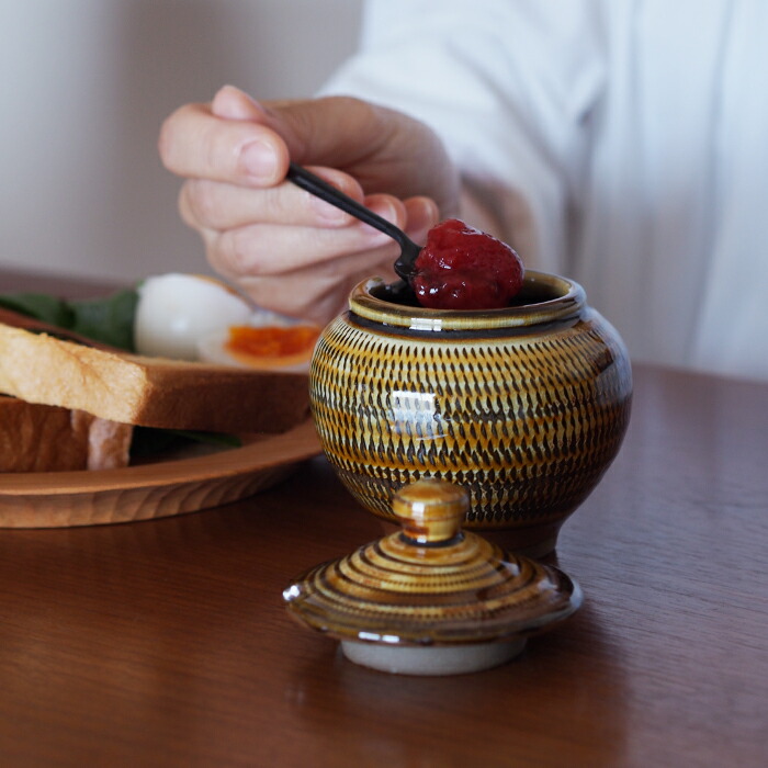 小鹿田焼　小袋窯　1合薬味壺　飴釉飛びかんな