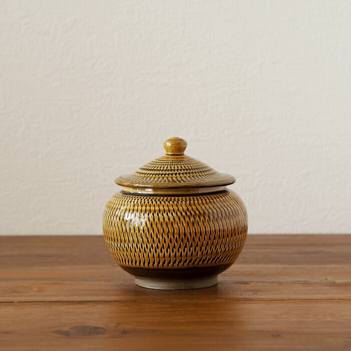 ★小鹿田焼　小袋窯　2合壺　飴釉飛びかんな