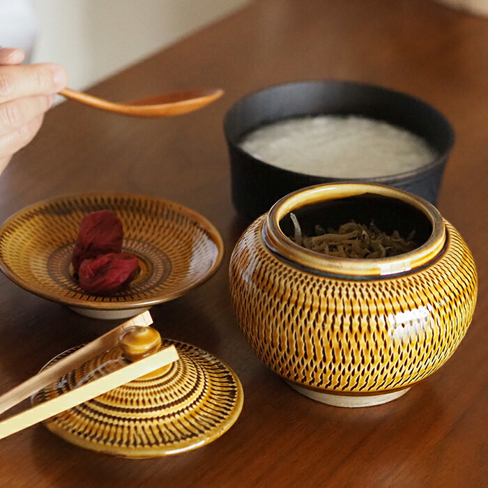 ★小鹿田焼　小袋窯　2合壺　飴釉飛びかんな