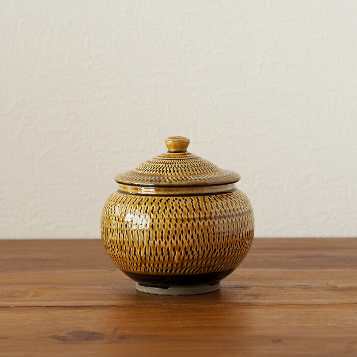 ★小鹿田焼　小袋窯　3合壺　飴釉飛びかんな