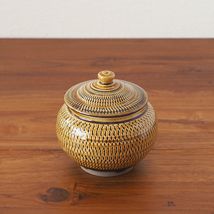 ★小鹿田焼　小袋窯　3合壺　飴釉飛びかんな