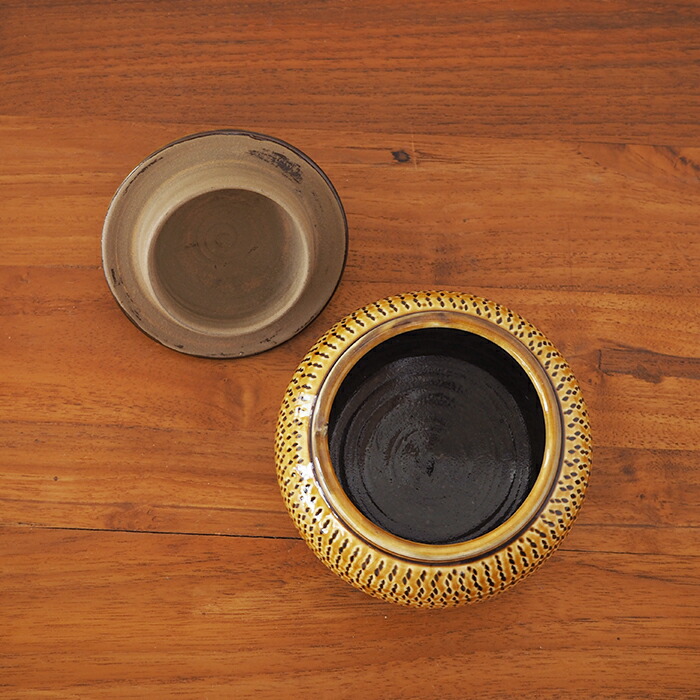 ★小鹿田焼　小袋窯　3合壺　飴釉飛びかんな