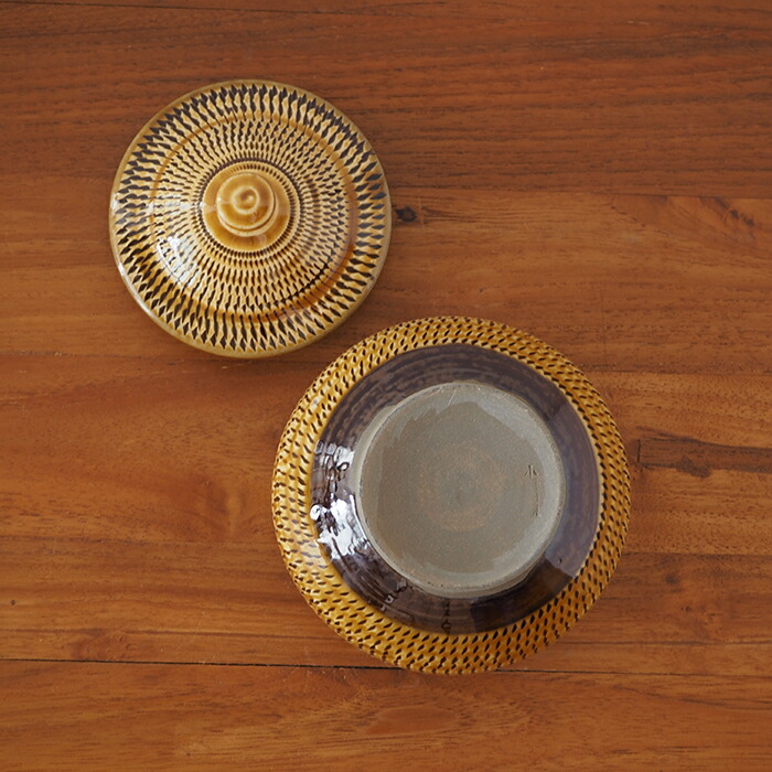 ★小鹿田焼　小袋窯　3合壺　飴釉飛びかんな