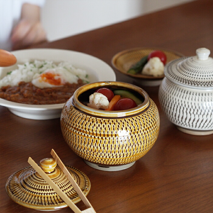 ★小鹿田焼　小袋窯　3合壺　飴釉飛びかんな