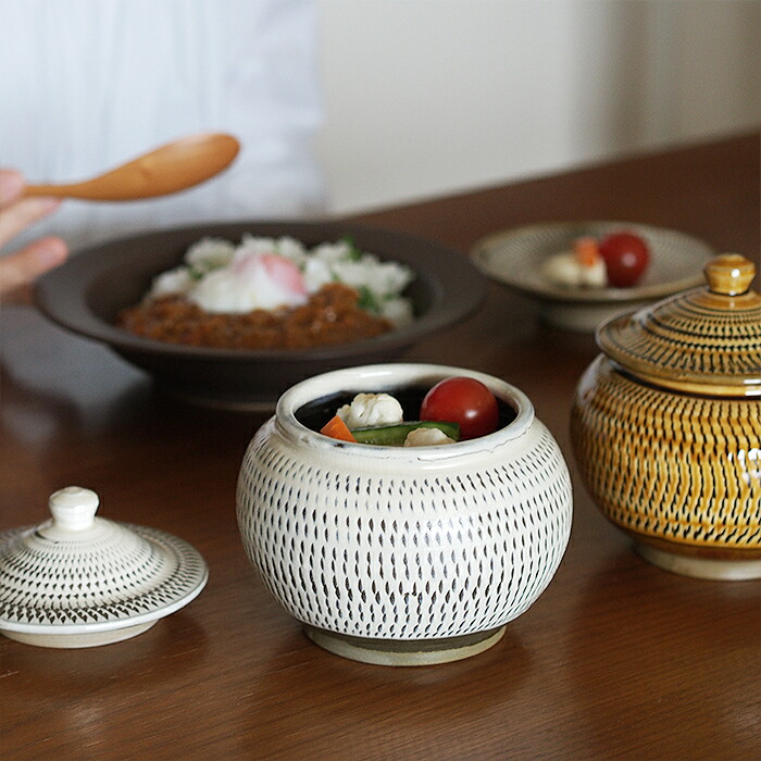 小鹿田焼　小袋窯　3合壺　飛びかんな