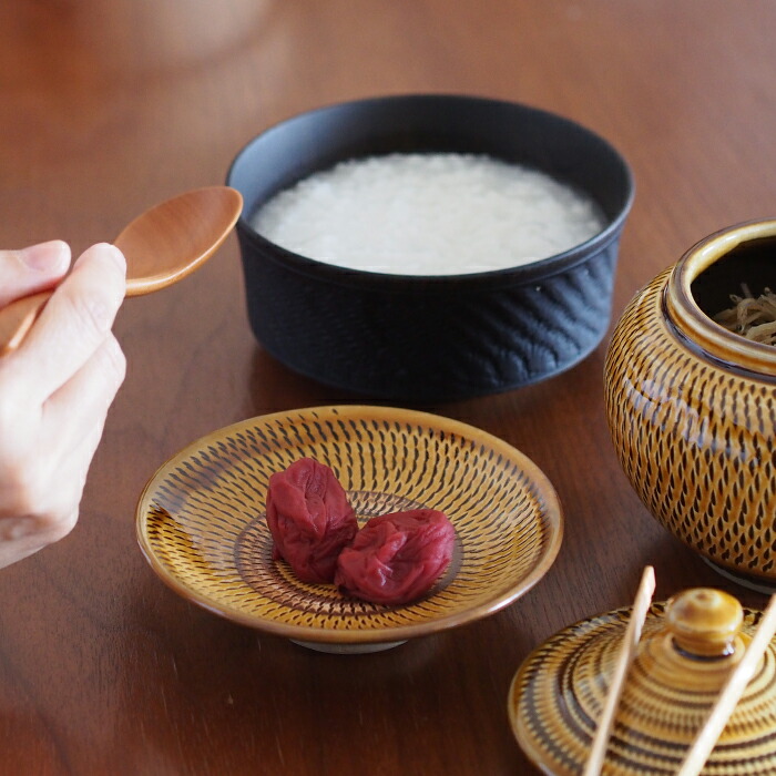 小鹿田焼　小袋窯　4寸皿　飴釉飛びかんな