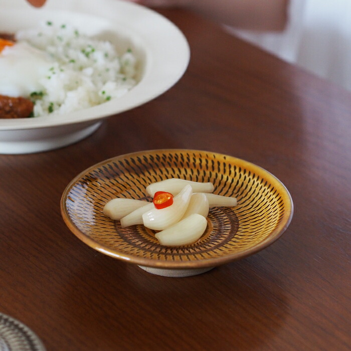 小鹿田焼　小袋窯　4寸皿　飴釉飛びかんな