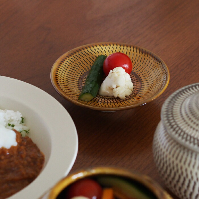 小鹿田焼　小袋窯　4寸皿　飴釉飛びかんな