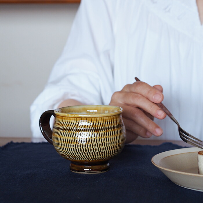 小鹿田焼　小袋窯　マグカップ　飴釉飛びかんな
