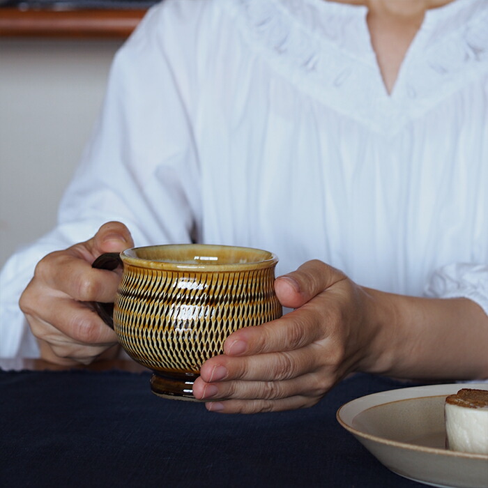 小鹿田焼　小袋窯　マグカップ　飴釉飛びかんな