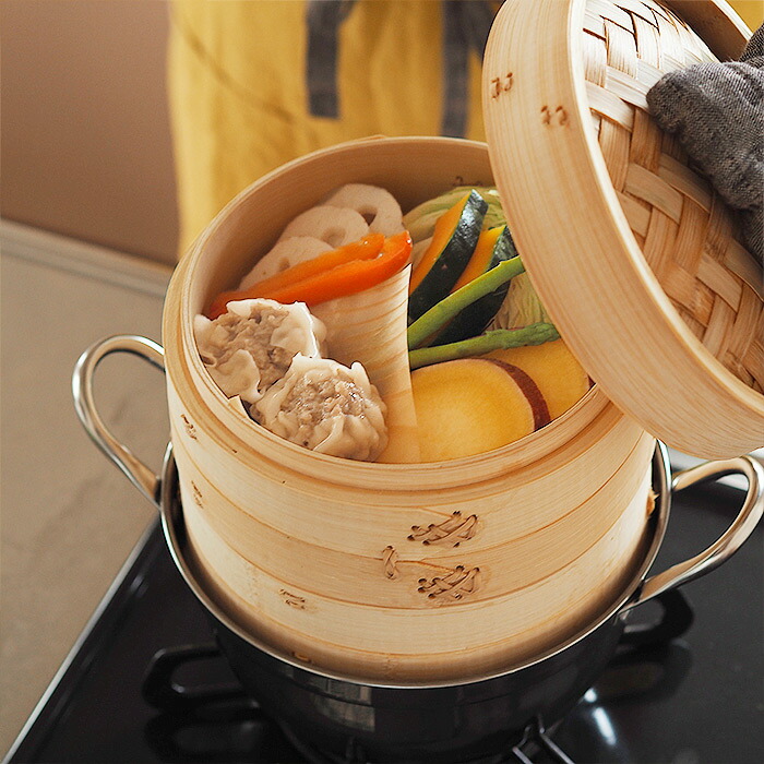 かごや　竹　中華せいろ　18cm　2段　ステンレス鍋付セット