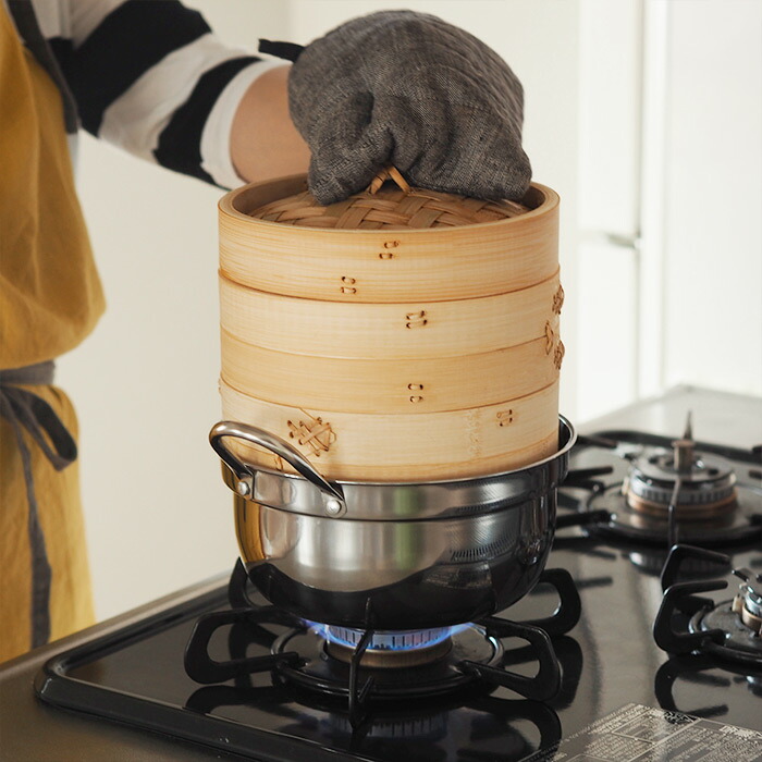 かごや　竹　中華せいろ　18cm　2段　ステンレス鍋付セット
