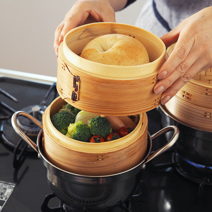 【4月より値上げ】かごや　杉　中華せいろ　15cm　2段　ステンレス鍋付セット