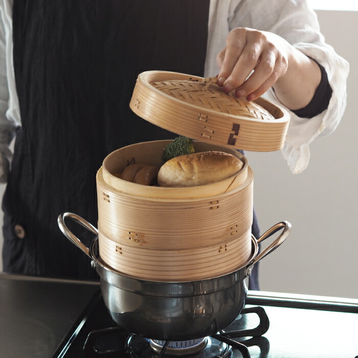 【4月より値上げ】かごや　杉　中華せいろ　18cm　2段　ステンレス鍋付セット