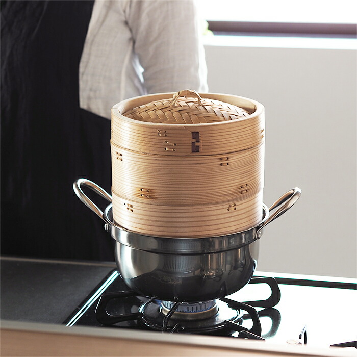 【4月より値上げ】かごや　杉　中華せいろ　18cm　2段　ステンレス鍋付セット