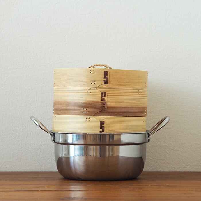 かごや　杉　中華せいろ　21cm　２段　ステンレス鍋付セット