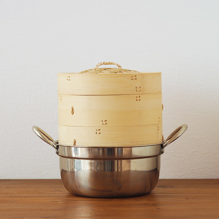 かごや　竹　中華せいろ　21cm　2段　ステンレス鍋付セット