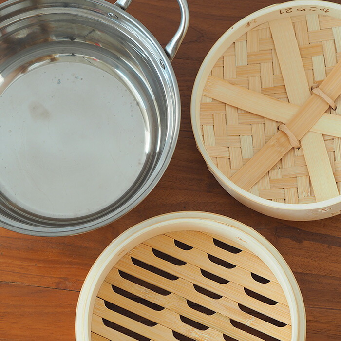 かごや　竹　中華せいろ　21cm　2段　ステンレス鍋付セット