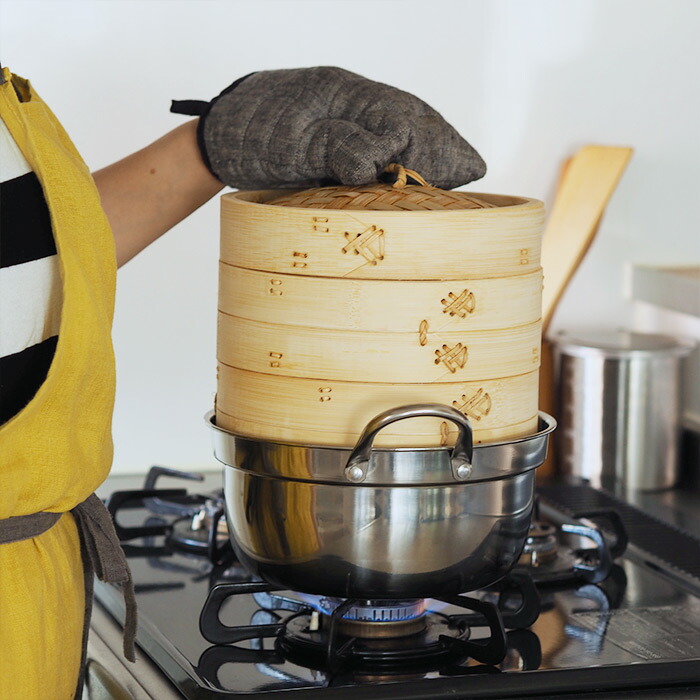 かごや　竹　中華せいろ　21cm　2段　ステンレス鍋付セット