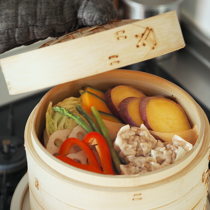 かごや　竹　中華せいろ　21cm　2段　アルミ蒸板付セット