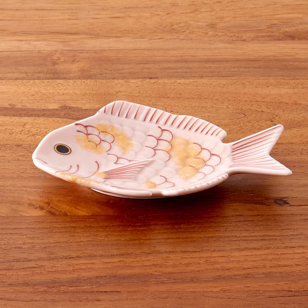 幸楽窯　錦　薄桜釉　金叩　鯛形　銘々皿