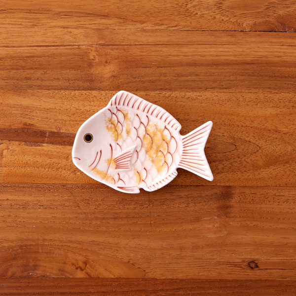 幸楽窯　錦　薄桜釉　金叩　鯛形　小皿　※