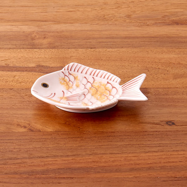 幸楽窯　錦　薄桜釉　金叩　鯛形　小皿　※