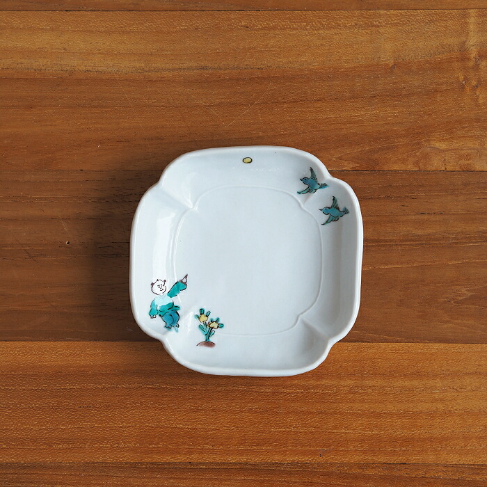 堀畑蘭　隅入豆皿　色絵唐子と小鳥