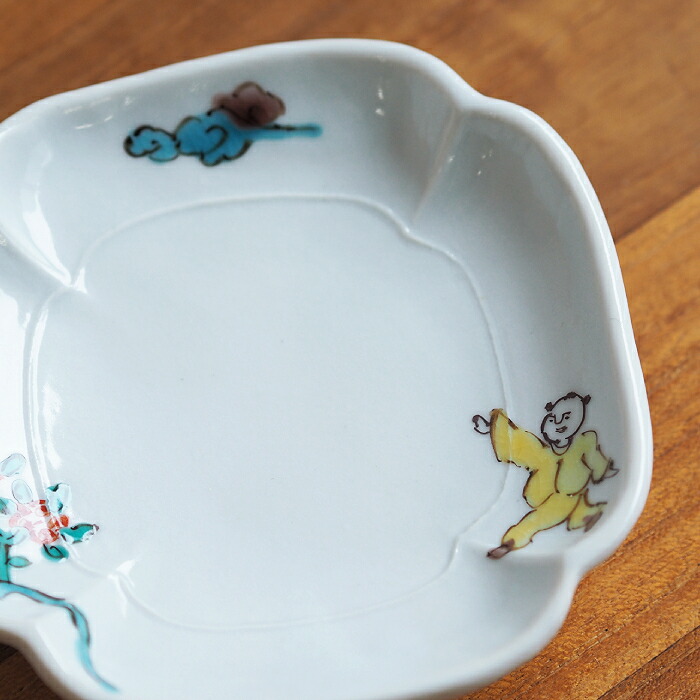 堀畑蘭　隅入豆皿　色絵唐子とお花