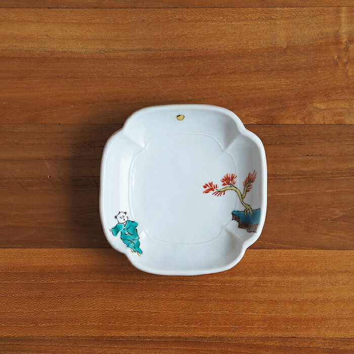 堀畑蘭　隅入豆皿　色絵唐子と赤松