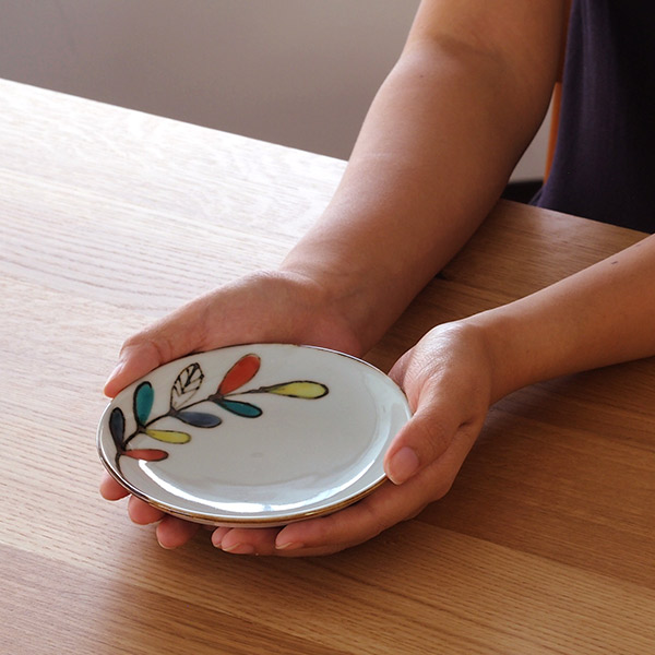 九谷青窯　高祥吾　色絵遊び葉　4寸皿　※