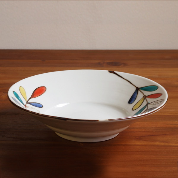 九谷青窯　高祥吾　色絵遊び葉　7寸深皿　※