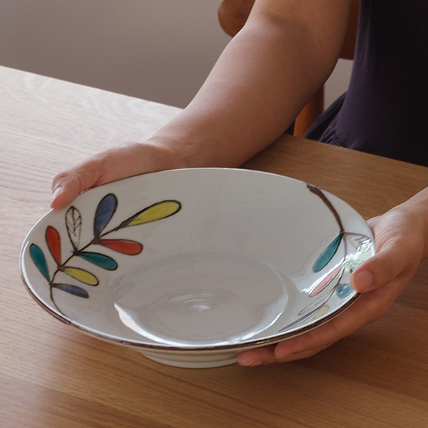 九谷青窯　高祥吾　色絵遊び葉　7寸深皿　※