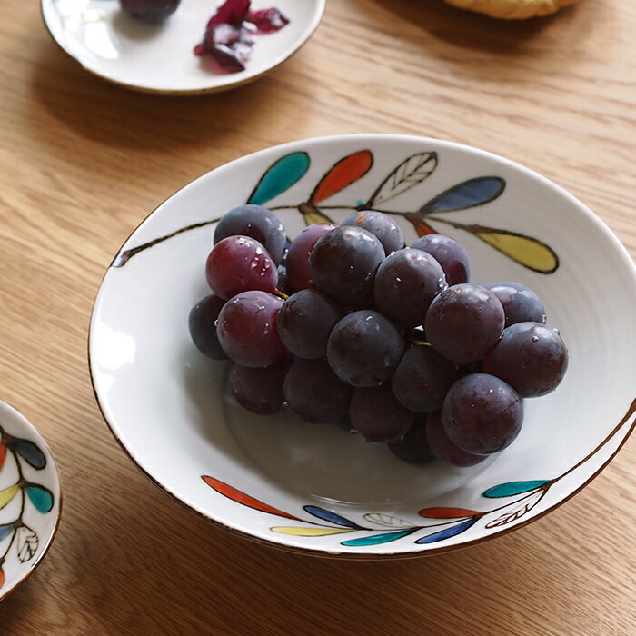 九谷青窯　高祥吾　色絵遊び葉　7寸深皿　※