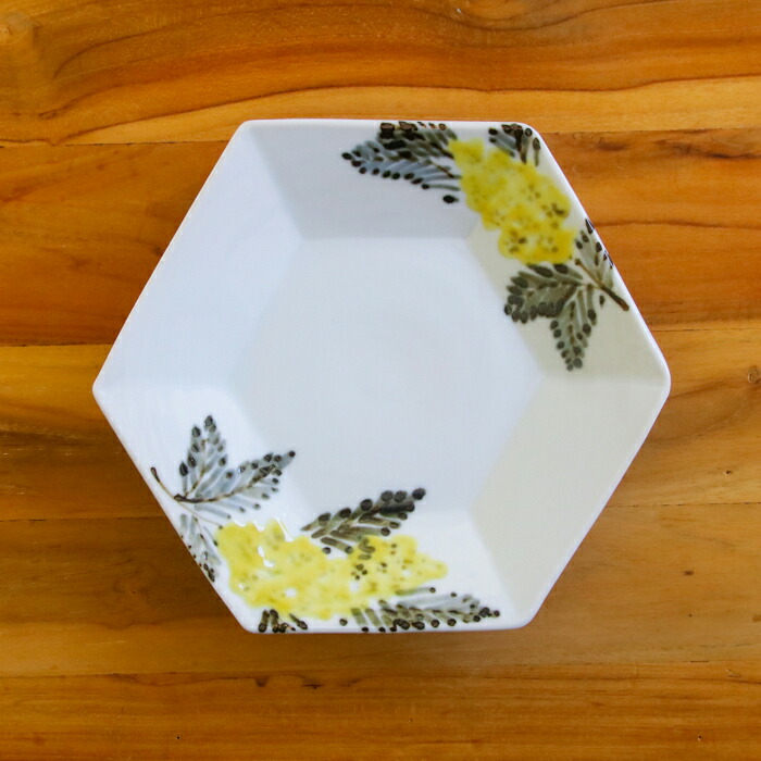 九谷青窯　横井佳乃　色絵ミモザ　六角深皿