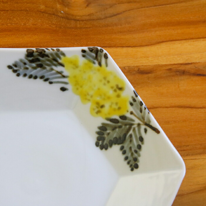 九谷青窯　横井佳乃　色絵ミモザ　六角深皿