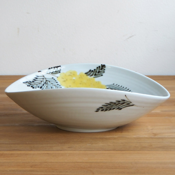 九谷青窯　横井佳乃　色絵ミモザ　たわみ鉢