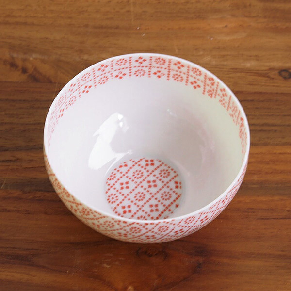 【取扱終了1228】丸直製陶所　染付陶碗　花格子　赤　※