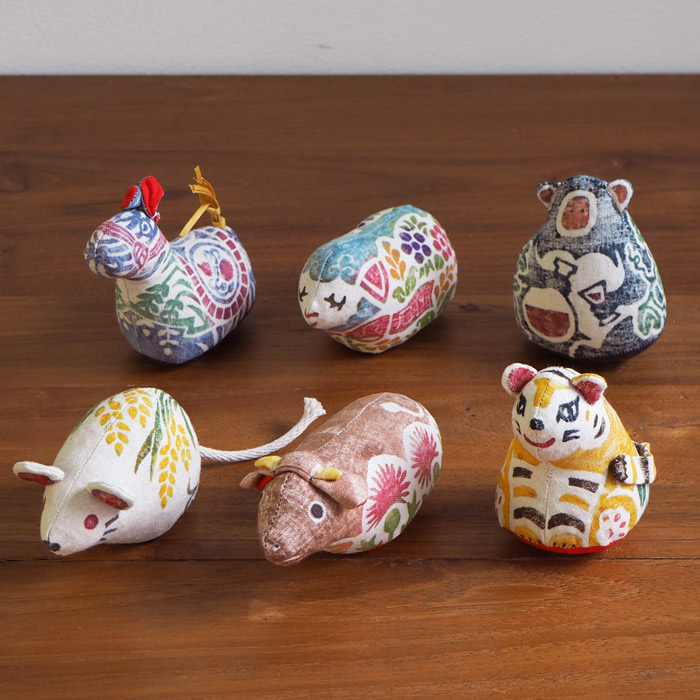 ■真工藝　木版手染めぬいぐるみ　干支シリーズ・仔　十二支セット　（仔ひつじ・青）