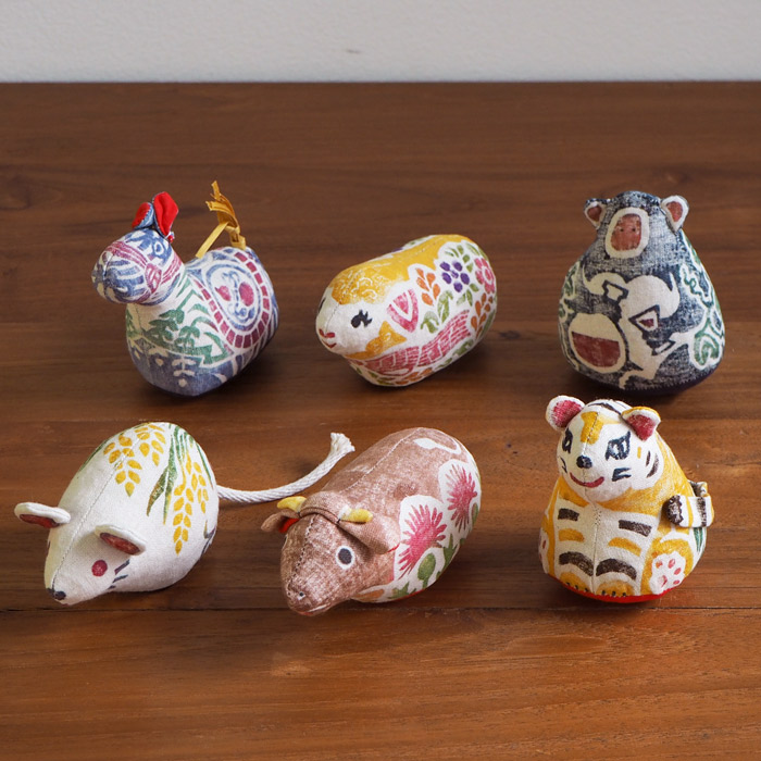 ■真工藝　木版手染めぬいぐるみ　干支シリーズ・仔　十二支セット　（仔ひつじ・黄色）