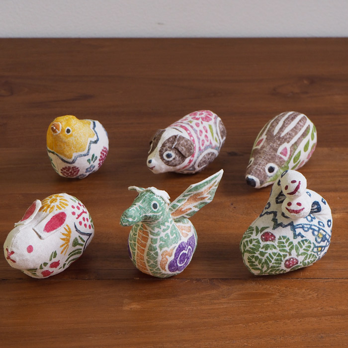 ■真工藝　木版手染めぬいぐるみ　干支シリーズ・仔　十二支セット　（仔ひつじ・黄色）