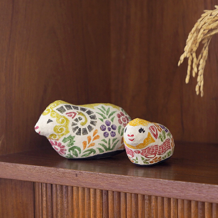 ■真工藝　木版手染めぬいぐるみ　干支シリーズ・親子セット　未　ひつじ　仔・黄色