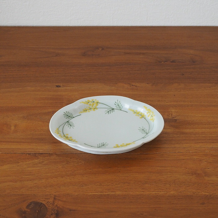 徳永遊心窯　色絵ミモザ　鍔型皿　小
